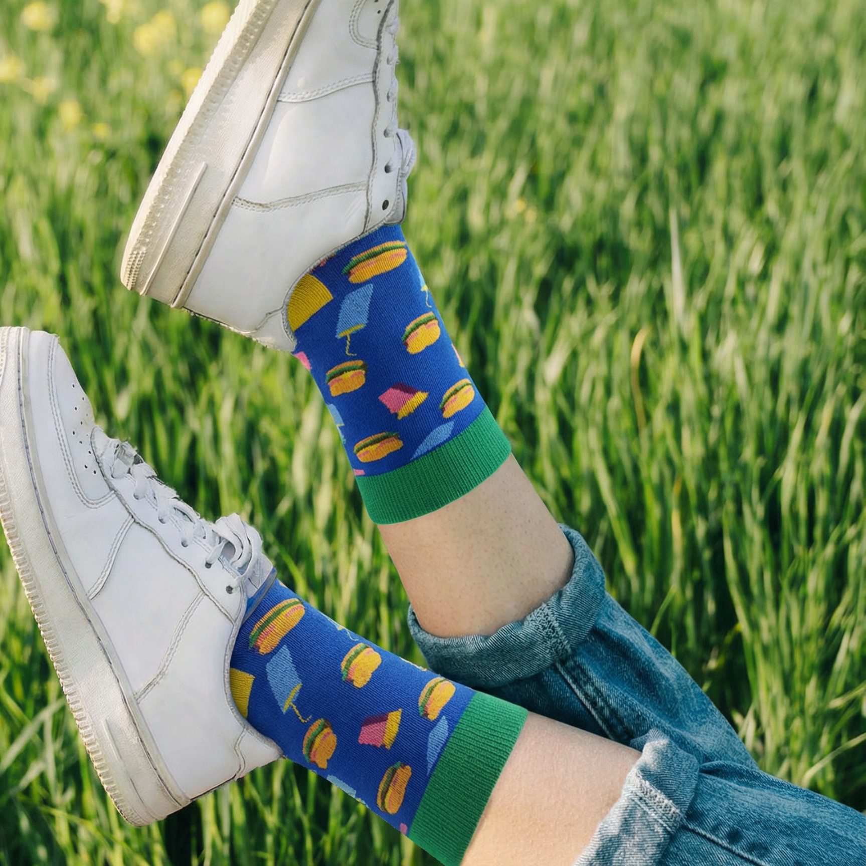 جوارب برجر ملون ملونة تظهر على قدمين في حقل أخضر، تعكس الثقة والراحة.